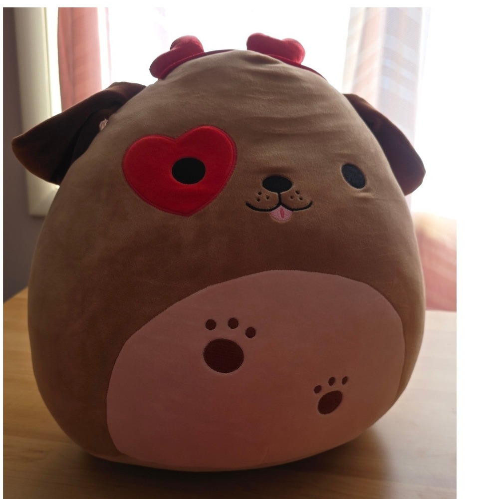 Squishmallows Doug the Dog Valentine Day Plush Brown Puppy Heart Eye 14 inch NWT